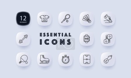 Illustration for Sports set icon. Gloves, boxing, water, stopwatch, ping pong, pulse, barbell, tennis racket, sneakers, skates, air hockey, T shirt, shuttlecock. Healthy lifestyle concept. Neomorphism style. - Royalty Free Image