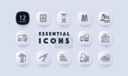 Illustration for Construction equipment set icon. Window, heavy equipment, ladder, crane, vehicle for transporting cargo, compass, house, frame, drill, wall, mechanism. Building concept. Neomorphism style. - Royalty Free Image