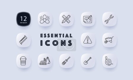 Illustration for Construction set icon. Equipment, numbering, fan, heavy equipment, shovel, nails, pencil, ruler, warning sign, screwdriver, wrench. Construction equipment concept. Neomorphism style. - Royalty Free Image