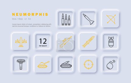Weapon set icon. Tank, man, banner, no war, artillery, plane, bomber, military equipment, bow, rifle, knife, rocket. Third world countries and military operations in them concept. Neomorphism style.
