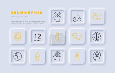 Mood icon set. Theater masks, smile, anger, yin yang, man, brain, fire, meditation, silhouette, sentiment care, patch, restoration, gradient. Controlling your condition concept. Neomorphism style.