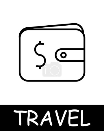 Illustration for Wallet, billfold icon. Vacation, money, savings, dollar, purse, enjoy moments of peace and quiet, tranquility and solitude, hobby, recreation. Tourism and wandering concept. - Royalty Free Image