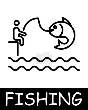 Ilustración de Atrápalo, hombre, icono del pescador. Shallop, caña de pescar, peces, cebo, criaturas submarinas, paisaje, simplicidad, siluetas, relajación en la naturaleza, hobby. El concepto de pesca, recreación útil. - Imagen libre de derechos