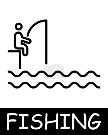 Téléchargez les illustrations : Attrape, mec, icône de pêcheur. Shallop, canne à pêche, poisson, appât, créatures sous-marines, paysage, simplicité, silhouettes, détente dans la nature, passe-temps. Le concept de la pêche, loisirs utiles. - en licence libre de droit