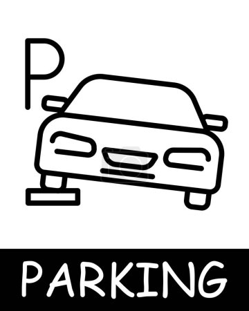 Téléchargez les illustrations : Parking, voiture sur le côté de l'icône de la route. Gestion des véhicules, solutions de transport pratiques, silhouette, automobile, mécanisme, équipement, véhicule, place de parking. Concept de fourniture de services de parking. - en licence libre de droit