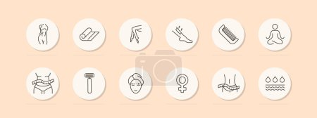 Illustration for Female beauty set icon. Female legs and figure, silhouette, meditation, liquid, skin, razor, ruler, comb, towel, hair removal, beauty, pastel colors. Self care concept. Vector line icon. - Royalty Free Image