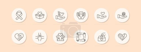 Illustration for Donations icon set. Ribbon, fight cancer, hands, heart, offer, box, support, pastel colors, house, teamwork, bird, money, support. Good nature and helping others concept. Vector line icon. - Royalty Free Image