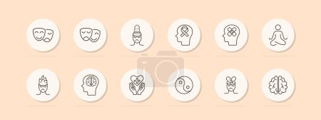 Illustration for Mood icon set. Theater masks, smile, anger, yin yang, man, brain, fire, meditation, silhouette, sentiment care, patch, restoration, pastel. Controlling your condition concept. Vector line icon. - Royalty Free Image