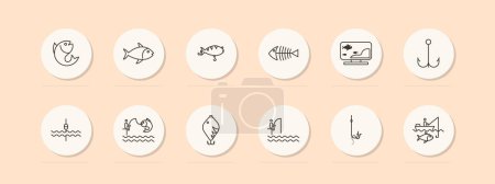 Illustration for Fishing icon set. Camping, skeleton, fishing line, fisherman, sea, pond, catch, hook, float, hook, underwater creature, perch, silhouette, pastel. Active recreation concept. Vector line icon. - Royalty Free Image