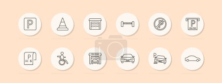 Illustration for Tax, parking set icon. Garage, check, invoice, machine, car, ban, fence, cone, pitstop, P, pastel colors, warehouse, silhouette, sign, , man, wheelchair, design, interface. Vector line icon. - Royalty Free Image