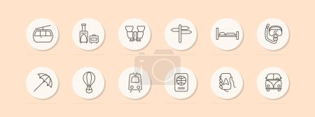 Illustration for Travel set icon. Umbrella, navigation, maps, hot air balloon, train, cable car, diving, bed, telephone, stove, pointer, hobby, recreation. Tourism and wandering concept. Vector line icon. - Royalty Free Image