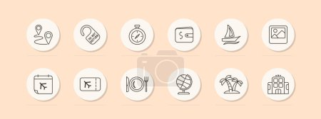 Illustration for Trip set icon. Geolocation, travel, path from one point to another, wallet, hotel, tropical island, vacation, flight, globe, do not disturb icon. Tourism and wandering concept. Vector line icon. - Royalty Free Image