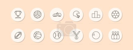 Illustration for Sports set icon. Shoes, soccer ball, skittles, podium, medal, first place, rugby, volleyball, bowling ball, outdoor activity, useful hobby, pastel. Healthy lifestyle concept. Vector line icon. - Royalty Free Image