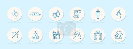 Illustration for Wedding icon set. Document, wine, sex, glasses, church, heart, wife, wedding dress and suit, man, groom, house, limousine, bow, marriage certificate, altar. Marriage concept. Vector line icon. - Royalty Free Image