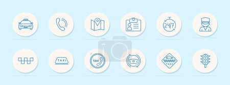 Illustration for Taxi icon set. ID card, passport, data, phone, call, silhouette, driver, uniform, 24 hour work, steering wheel, sign, traffic light, car. Transportation service concept. Vector line icon. - Royalty Free Image