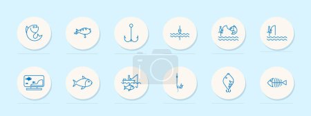 Illustration for Fishing icon set. Camping, skeleton, fishing line, fisherman, sea, pond, catch, hook, float, hook, underwater creature, perch, silhouette, blue. Active recreation concept. Vector line icon. - Royalty Free Image