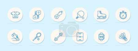 Illustration for Sports set icon. Gloves, boxing, water, stopwatch, ping pong, pulse, barbell, tennis racket, sneakers, skates, air hockey, T shirt, shuttlecock. Healthy lifestyle concept. Vector line icon. - Royalty Free Image