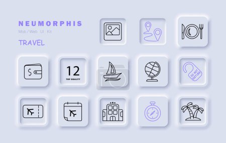 Illustration for Trip set icon Geolocation, travel, path from one point to another, wallet, hotel, tropical island, vacation, flight, globe, do not disturb icon Tourism and wandering concept. Vector line icon - Royalty Free Image
