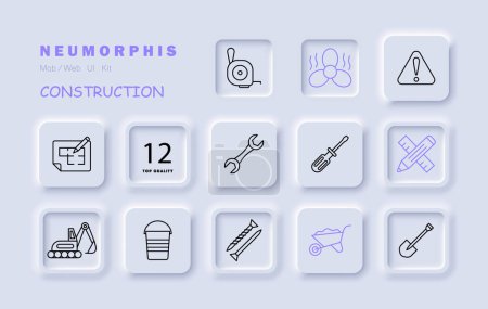 Illustration for Construction set icon Equipment, numbering, fan, heavy equipment, shovel, nails, pencil, ruler, warning sign, screwdriver wrench Construction equipment concept Vector line icon - Royalty Free Image