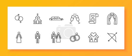 Illustration for Wedding icon set. Document, wine, sex, glasses, church, heart, wife, wedding dress and suit, man, groom, house, limousine bow marriage certificate altar Marriage concept Vector line icon - Royalty Free Image