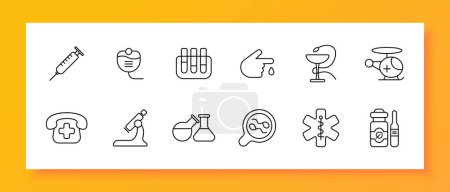 Illustration for Medical equipment set icon Glass, snake, goblet, telephone, cross, call an ambulance, microscope, magnifying glass, flask, container, dropper, health care Medical care concept Vector line icon - Royalty Free Image