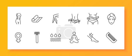 Illustration for Female beauty set icon Female legs and figure, silhouette, meditation, liquid, skin, razor, ruler, comb, towel, hair removal, beauty,  Self care concept Vector line icon - Royalty Free Image