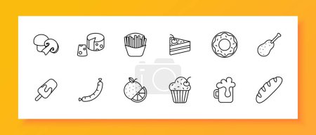 Illustration for Delicacy set icon Mushrooms, cheese with holes, cupcake, baguette, ice cream, donut, french fries, fast food, junk food, cherry, cake, sausage, drink unusual food Vector line icon - Royalty Free Image