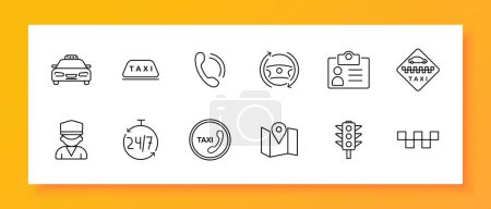 Illustration for Taxi icon set. ID card, passport, data, phone, call, silhouette, driver, uniform, 24 hour work, steering wheel, sign, traffic light car Transportation service concept Vector line icon - Royalty Free Image