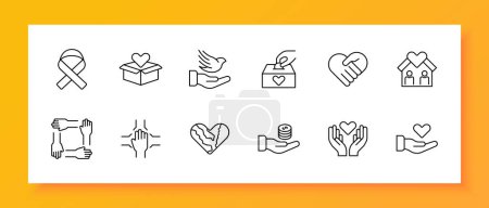 Illustration for Donations icon set. Ribbon, fight cancer, hands, heart, offer, box, support, house, teamwork, bird, money, support The concept of good nature and helping others Vector line icon - Royalty Free Image