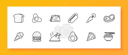 Téléchargez les illustrations : Icône de l'ensemble de délicatesse Pain, shawarma, oeufs, oeufs frits, crème glacée, carottes, steak, hamburger, saucisse dans la pâte, poulet grillé, pizza, nouilles, nourriture de rue nourriture inhabituelle icône de la ligne vectorielle - en licence libre de droit