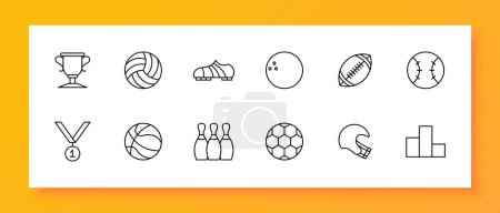 Ilustración de Icono del conjunto de deportes Zapatos, pelota de fútbol, bolos, podio, medalla, primer lugar, rugby, voleibol, bola de bolos, actividad al aire libre, pasatiempo útil, concepto de estilo de vida saludable Icono de línea vectorial - Imagen libre de derechos