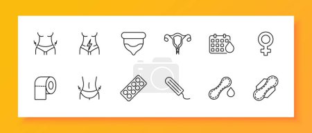 Illustration for Menstruation set icon Condom, tampon, pad, pack of female gender pills, calendar, blood, lightning, female reproductive organ, toilet paper. Self care concept. Vector line icon - Royalty Free Image
