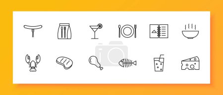 Illustration for Food set icon Glass, alcohol, hot dish, steak, skeleton, fish, cheese with holes, chicken, bone, spoon, fork, menu, cocktail packed lunch Culinary dishes concept Vector line icon - Royalty Free Image