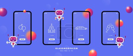 Illustration for Wedding icon set. Sex, man, woman, gender, church, God's abode, limousine, holiday, celebration, alcohol, glasses, gradient. Concept of starting a relationship. Glassmorphism style. - Royalty Free Image
