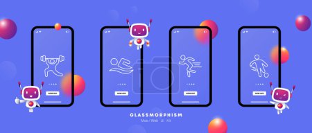 Illustration for Useful hobby set icon. Football, swimming, lifting heavy weights, running, health care, outdoor activities, sports, gradient. Healthy lifestyle concept. Glassmorphism style. - Royalty Free Image