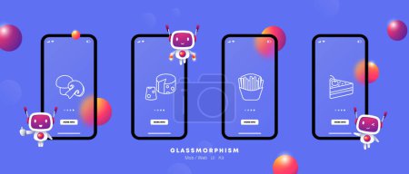 Illustration for Food set icon. Mushrooms, cut, white and chanterelle mushroom, French fries, fast food, junk food, cake with cream and cherry, cheese with holes, delicacies, unusual food. Glassmorphism style. - Royalty Free Image