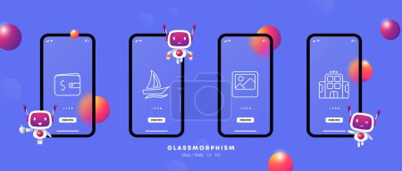 Illustration for Rest set icon. Travel, vacation, wallet, money, photo card, yacht, three stars, landscape, hotel, plate, gradient. Tourism and wandering concept. Glassmorphism style. - Royalty Free Image