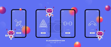 Illustration for Useful hobby set icon. Kayaking, cue, billiards, balls, dumbbells, boomerang, health care, outdoor activities, sports, gradient. Healthy lifestyle concept. Glassmorphism style. - Royalty Free Image