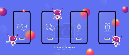 Illustration for Mood icon set. Theater masks, smile, anger, man, silhouette, health care, angry face, gloomy, grave, gradient. Controlling your condition concept. Glassmorphism style. - Royalty Free Image