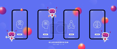 Illustration for Mood icon set. Human, silhouette, ribbon, fight against cancer, patch, treatment, rehabilitation, meditation, man, brain, gradient. Controlling your condition concept. Glassmorphism style. - Royalty Free Image