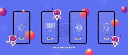 Illustration for Sports set icon. Soccer ball, sports equipment and supplies, whistle, goal, net, whistle, plan, strategy, goal, hit, gradient, flat style. Healthy lifestyle concept. Glassmorphism style. - Royalty Free Image