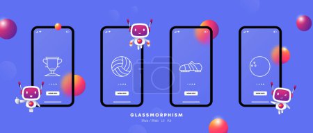 Illustration for Useful hobby set icon. Sports equipment, cup, first place, prize, volleyball, ball, boots, sneakers, footwear, bowling ball, health care, gradient. Healthy lifestyle concept. Glassmorphism style. - Royalty Free Image