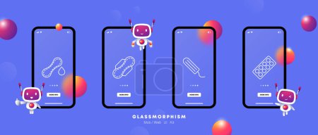 Illustration for Sex set icon. Tampon, pad, blood, pack of pills for pain, menstruation, female cycle, period, contraceptives, flat design, gradient. Glassmorphism style. - Royalty Free Image