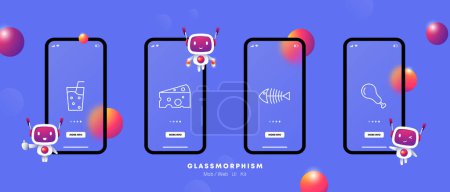 Illustration for Food set icon. Cocktail, glass, drink, straw, cheese with holes, fish skeleton, fin, chicken leg, meat, bone, delicacy, gradient, flat style. Culinary dishes concept. Glassmorphism style. - Royalty Free Image