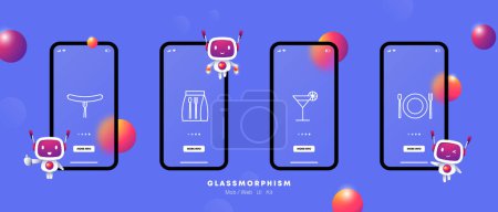 Illustration for Food set icon. Sausage, fork, glass, drink, tube, cocktail, lemon, lime, packed lunch, spoon, fork, kitchen utensils, gradient, flat style. Culinary dishes concept. Glassmorphism style. - Royalty Free Image