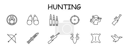 Illustration for Chase set icon. Bear paw badge, rifle, bow, deer, skin, knife, bullet, horns, crosshair, sight, binoculars, silhouette, man, duck, . Hunting concept. Vector line icon. - Royalty Free Image