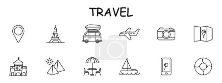 Illustration for Travel set icon. Sights, geolocation, castle, pyramids, sun, tourism, Eiffel Tower, map, location, culture, yacht, plane, camera, search, phone, car, recreation, entertainment. Vector line icon. - Royalty Free Image