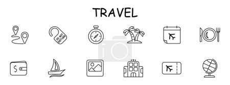 Illustration for Trip set icon. Geolocation, travel, path from one point to another, wallet, hotel, tropical island, vacation, flight, globe, do not disturb icon. Tourism and wandering concept. Vector line icon. - Royalty Free Image