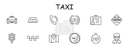 Illustration for Taxi icon set. ID card, passport, data, phone, call, silhouette, driver, uniform, 24 hour work, steering wheel, sign, traffic light, car. Transportation service concept. Vector line icon. - Royalty Free Image