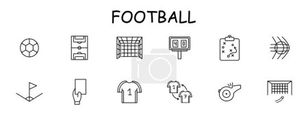 Illustration for Football set icon. Ball, T shirt. form, field, card, punishment, whistle, scoreboard, plan, player substitution, goal, net, corner, football goal. Culinary dishes concept. Vector line icon. - Royalty Free Image